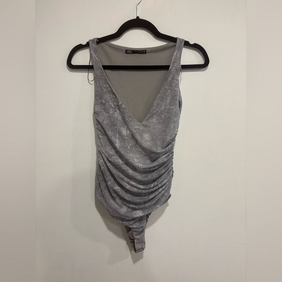 ZARA Metallic Grey Ruched Draped Bodysuit XS - Picture 2 of 11